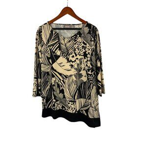 Chicos Womens Size 2 Black & Cream V-Neck Top With Leaf & Animal Print